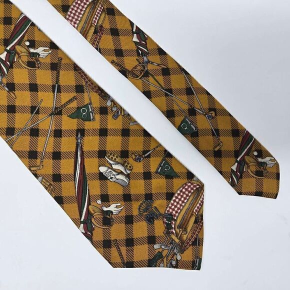 COUNTESS MARA SILK TIE GOLD BLACK GREEN PLAID GOLF THEME 3.75" X 56" - Picture 1 of 2